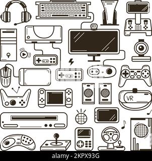 Doodle elementi di gioco, i giocatori di dispositivi elettronici schizzo. Gioco al computer, console e joystick. Social media e riprodurre icone vettoriali neoteriche Illustrazione Vettoriale