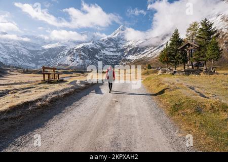 Vista posteriore di una donna che cammina lungo un sentiero alpino verso le montagne, Gastein, Salisburgo, Austria Foto Stock