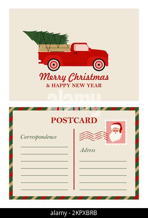 Cartolina d'auguri natalizia con pick-up rosso retrò e Babbo Natale. Illustrazione vettoriale di Natale in stile piatto Illustrazione Vettoriale