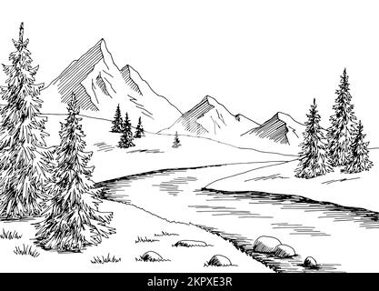 Mountain River grafica nero bianco disegno paesaggio vettore illustrazione Illustrazione Vettoriale