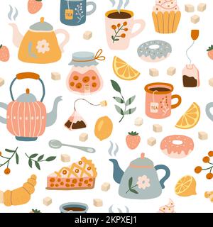 Schema utensili. Tea Time oggetti intimi tazze teiere e piatti illustrazioni per progetti di design tessile vettore recente modello senza cuciture Illustrazione Vettoriale