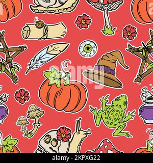 HALLOWEEN RANA cappello Cauldron Poison lumaca e altri elementi Witchcraft Design piatto con Contour Cartoon disegno a mano senza cuciture modello Vector Ill Illustrazione Vettoriale