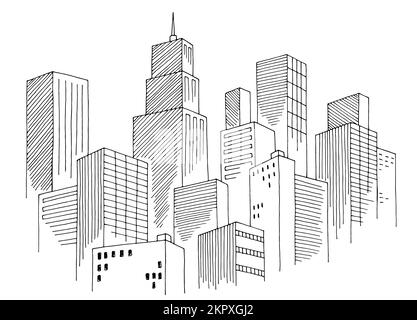 Città grafica nero bianco skyline disegno grafico vettoriale Illustrazione Vettoriale