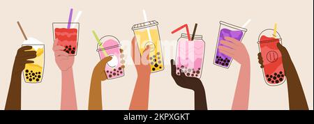 Le mani tengono il tè bolle shakes. Milkshake, frullato asiatico e moka in bicchieri. Festa delle bevande, dolci bevande, decente boba drink vector banner Illustrazione Vettoriale