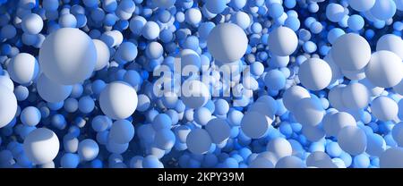 3D rendering: Particelle sferiche bianche che galleggiano nel fluido blu. Widescreen 8k:9 - 7680x3200 Foto Stock