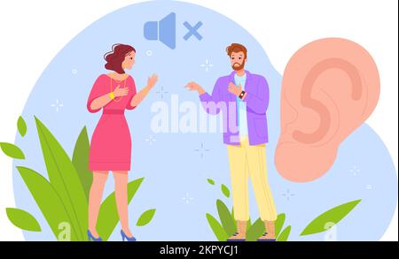 Comunicazione audio non udenti. Donna capisce la perdita dell'udito uomo, aiuto sentire l'orecchio alterato sordo-muto persone che imparano la lingua parlando persona silenziosa, immagine del vettore swanky della comunicazione per sordo Illustrazione Vettoriale
