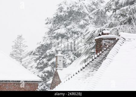 Scena invernale con neve che copre i tetti delle case a Londra, Regno Unito Foto Stock