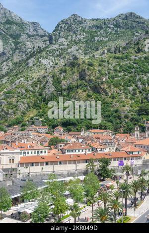 Veduta aerea della Città Vecchia e delle montagne, Cattaro, Dalmazia, Montenegro Foto Stock