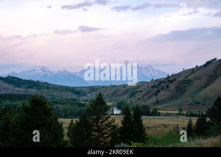 Mattina lungo il fiume Gros ventre, vicino a Kelly, Tetons National Park, Moran, Wyoming, STATI UNITI. Foto Stock