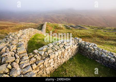 Resti di mura romane. Rovine romane del forte a Hardknott Pass, Lake District, Regno Unito Foto Stock