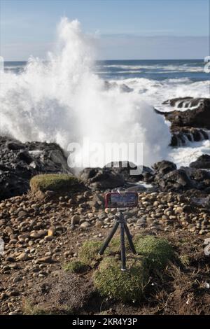 Un iPhone su un piccolo treppiede cattura riprese di onde enormi durante una marea reale sulla costa rocciosa a Yachats, Oregon. Foto Stock