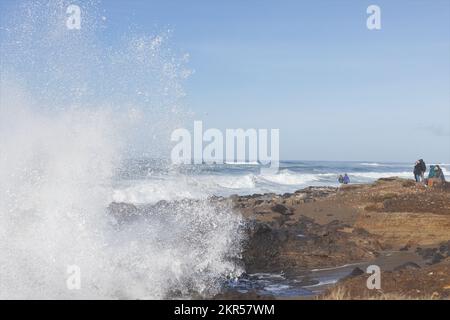 Gli spettatori osservano le enormi onde che si infrangono contro la costa rocciosa durante una marea reale, a Yachats, Oregon. Foto Stock