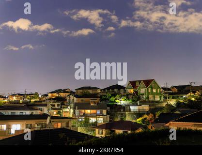 Case dense in un tranquillo quartiere suburbano di notte Foto Stock