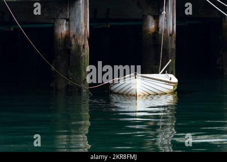 Barca a remi ormeggiata accanto al molo, Wellington, North Island, Nuova Zelanda Foto Stock