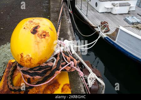 Corde di ormeggio legate intorno al paletto giallo sul lungomare, Wellington, North Island, Nuova Zelanda Foto Stock