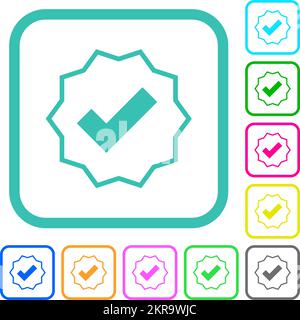 Gli adesivi verificati delineano icone piatte dai colori vivaci nei bordi curvi su sfondo bianco Illustrazione Vettoriale