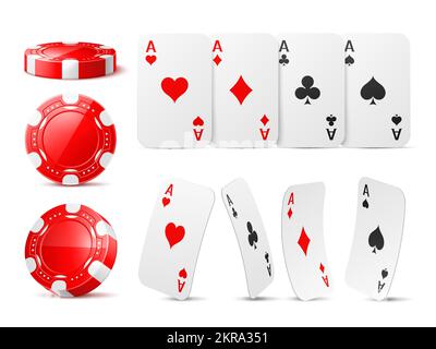 Chip e assi realistici del casinò. Gettoni di gioco rossi e carte da gioco, tute diverse, angolo di visione vario, gioco d'azzardo di poker, cuori di assi e picche Illustrazione Vettoriale