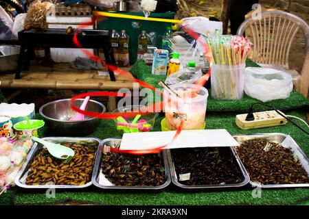 Venditore tailandese cucina mercantile locale cucina esotica da insetti fritti o cibo sulla vendita stalla Hawker in Cher si Ya mercato di strada bazar a Suan Phuen Foto Stock