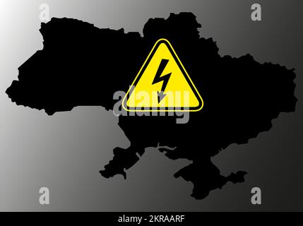 L'interruzione dell'alimentazione elettrica sulla mappa Ucraina ha un segnale di avvertimento con un simbolo di fulmine - concetto di blackout. Mancanza di elettricità nel paese a causa della distruzione b Illustrazione Vettoriale