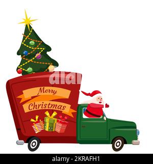 Divertente Babbo Natale guida una vecchia auto retrò, camion Illustrazione Vettoriale