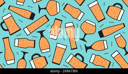 Motivo senza cuciture, placemat di birra. Motivo senza cuciture con tipi di vetreria per birra. Stampa grafica per bar, pub, ristorante, tema birra. Placemat di birra e stampa grafica. Illustrazione vettoriale Illustrazione Vettoriale