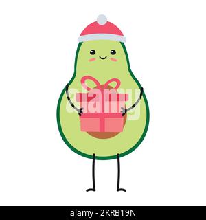 Vettore mano disegnato piatto avocado di natale con presente isolato su sfondo bianco Illustrazione Vettoriale