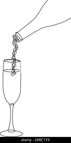 lo champagne viene versato dalla bottiglia nell'illustrazione vettoriale a linea continua in vetro. Congratulazione, matrimonio, compleanno, celebrazione o concetto di nuovo anno Illustrazione Vettoriale
