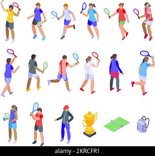 Le icone dei tennisti impostano un vettore isometrico. Allenatore. Atleta della scuola Illustrazione Vettoriale