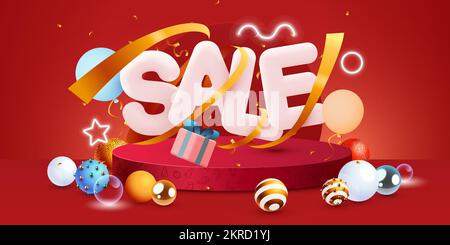 Sconto composizione creativa. Buon Natale e Felice Anno Nuovo. Banner e poster di vendita. Illustrazione vettoriale. Illustrazione Vettoriale