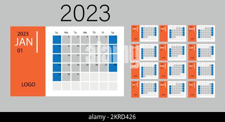 felice nuovo anno di auguri di design per l'anno 2023 comprende forme astratte colorate. Modello di progettazione Calendario da tavolo 2023 o Calendario Settimanale mensile Capodanno 2023. Illustrazione vettoriale Illustrazione Vettoriale
