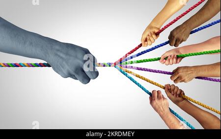 Collaborate e collaborate per combattere una grande potenza come concetto di gruppo unendosi e unendosi come una forte partnership con un obiettivo comune in un lavoro di squadra Foto Stock
