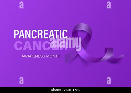 Banner cancro pancreatico, scheda, cartellino con nastro viola realistico vector 3D su sfondo viola. Closeup simbolo mese di consapevolezza del cancro pancreatico Illustrazione Vettoriale