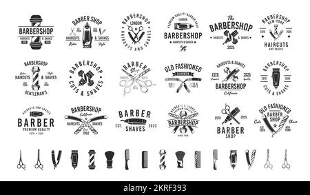 Barbiere, Barbiere, parrucchiere con logo hipster vintage. 18 Logo e 16 elementi di design per barbiere, parrucchiere. Illustrazione Vettoriale