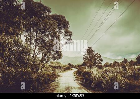 Paesaggio della Tasmania dalle tonalità artistiche a Zeehan, Tasmania, Australia con una tortuosa fattoria o strada rurale che scompare verso montagne lontane con p. Foto Stock