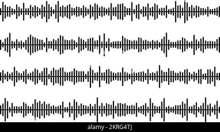Sono impostate le barre nere delle onde sonore. Musica, podcast, campioni di tracce audio o messaggi vocali. Collezione Equaliser Elements. Concetti di diagramma, grafico o segnale. Illustrazione Vettoriale