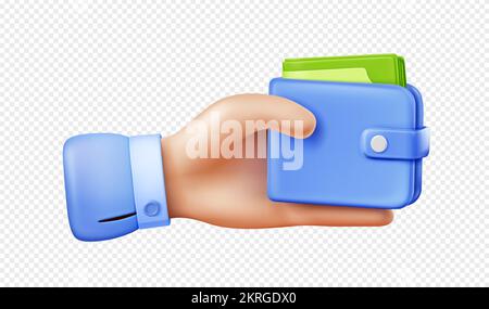 Mano con portafoglio con banconote di carta, denaro contante. Pagamento, finanza, risparmio, concetto di budget con portamonete a mano con fatture in dollari ripiegate isolate su sfondo trasparente, illustrazione vettoriale 3D Illustrazione Vettoriale