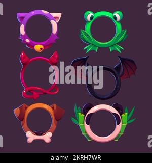 Cornici avatar del gioco con diversi animali. Strutture circolari vuote a forma di gatto, rana, cane, panda, pipistrello e diavolo con corna, cartoni animati vettoriali isolati sullo sfondo Illustrazione Vettoriale