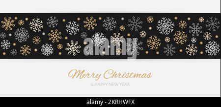 Biglietto di Natale fiocco di neve cornice bordo appartamento di lusso. Linea sottile modificabile senza cuciture modello orizzontale festivo nuovo anno sfondo vacanza oro conciso invito cartolina screensaver web banner saluto Illustrazione Vettoriale