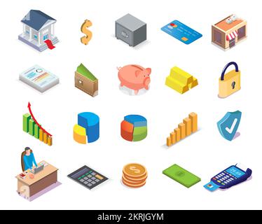Set di icone bancarie e finanziarie, illustrazione vettoriale isometrica Illustrazione Vettoriale