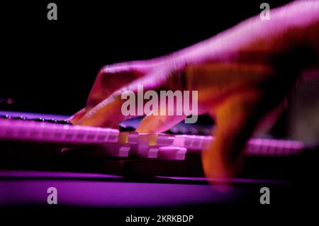 ROY AYERS, CONCERTO, 2006: La band di supporto del padrino degli Acid Jazz live at the Point a Cardiff, Galles, Regno Unito, il 12 luglio 2006. Figura: ROB WATKINS. INFO: Roy Ayers è un vibrafonista e cantante jazz americano, rinomato per il suo influente lavoro nel jazz, nel funk e nel soul. Con album classici come "Everybody Loves the Sunshine", Ayers è diventata una figura chiave nello sviluppo della musica jazz e fusion. Foto Stock