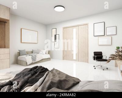 Comodo letto accanto a una scrivania e divano con pavimento luminoso; 3D; 3D Illustrazione Foto Stock