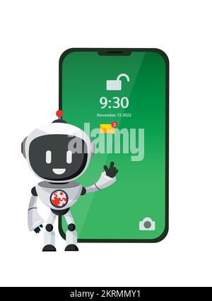 Design vettoriale di sicurezza del telefono robot. Aggiornamento del blocco del dispositivo di sicurezza dello smartphone per le app di accesso alle informazioni sulla privacy. Illustrazione vettoriale. Illustrazione Vettoriale