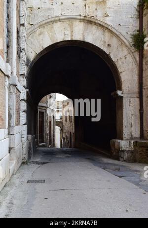 Amelia (Italia) - una vista sul bel centro storico in pietra con girasoli sopra la collina, con molti vicoli, in provincia di Terni, regione Umbria. Foto Stock