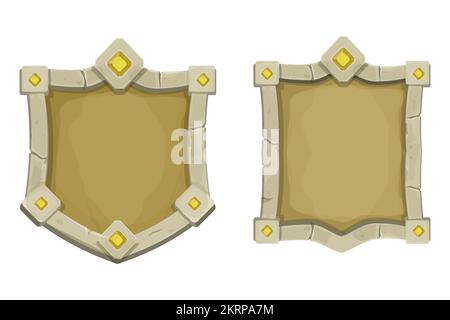 Cornice in pietra con bordo e pietre preziose, forma a scudo, pannello menu medievale vuoto in stile cartoon isolato su sfondo bianco. Illustrazione vettoriale Illustrazione Vettoriale