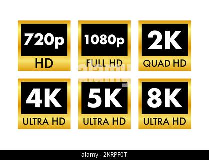 Etichette delle dimensioni video. Risoluzione video badge 720, 1080, 2k, 4K, 8k. Elemento di design di qualità. Illustrazione del vettore. Illustrazione Vettoriale
