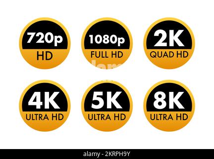 Etichette delle dimensioni video. Risoluzione video badge 720, 1080, 2k, 4K, 8k. Elemento di design di qualità. Illustrazione del vettore. Illustrazione Vettoriale