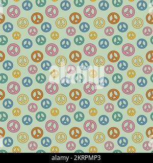 Simbolo di pace modello. Sfondo senza cuciture con segni di pace. Pattern pacifistico. Stampa hippie colorata. Design di doodle groovy. Illustrazione vettoriale. Illustrazione Vettoriale