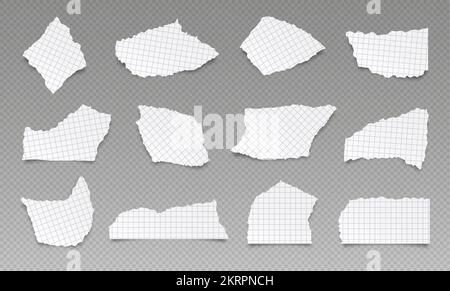 Frammenti di carta strappati, frammenti di pagina strappati realistici del notebook con motivo quadrato. Illustrazione Vettoriale