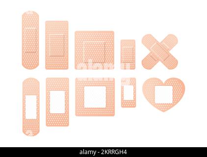 Elastico cerotti medici. Bendaggio adesivo, chiamato un cerotto collezione. Illustrazione Vettoriale. Illustrazione Vettoriale