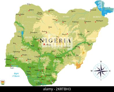 Mappa fisica altamente dettagliata della Nigeria in formato vettoriale, con tutte le forme di rilievo, regioni e grandi città. Illustrazione Vettoriale